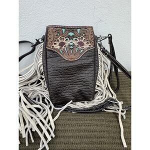 Ariat Monroe Cell Phone Crossbody Bag Brown Leather Ivory Fringe (PU200THRIFTY